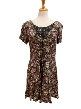 90s floral grunge dress 1990s Floral Polka Dot Rayon Midi Dress, Black and White Grunge Dress, Split Front, S/M
